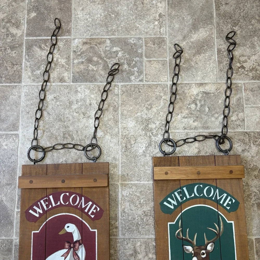 2 Vtg Hand Painted Signed Langelier Wood Plaques Buck Deer Goose 18x10 CabinCore